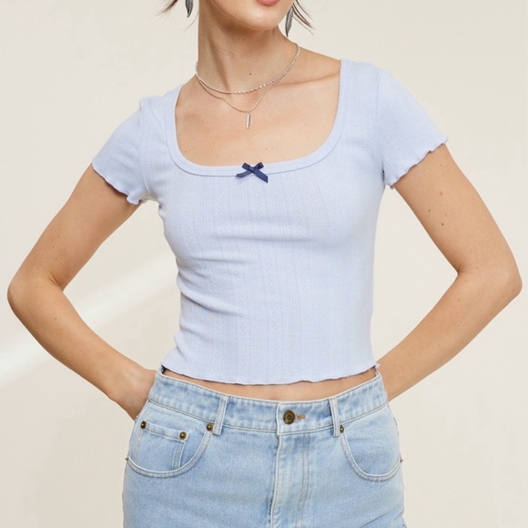 Boutique Baby Blue Pointella Short Sleeved Stretch Top - Picture 1 of 8